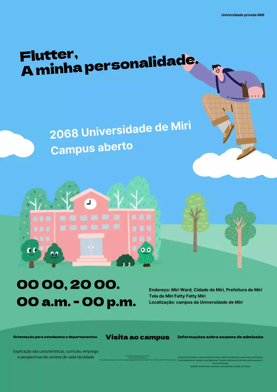 Um folheto simples em azul claro e verde para um campus aberto numa universidade nacional privada