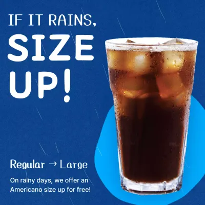 Simple, blue, rainy season coffee size-up ad