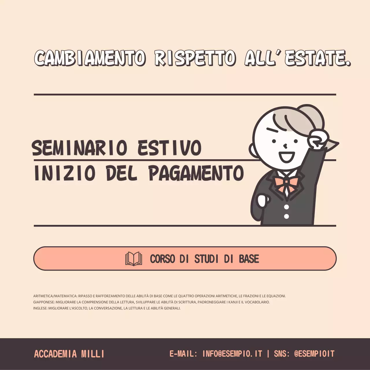 Una semplice combinazione di colori beige e arancione per promuovere le offerte speciali per le vacanze estive della scuola.