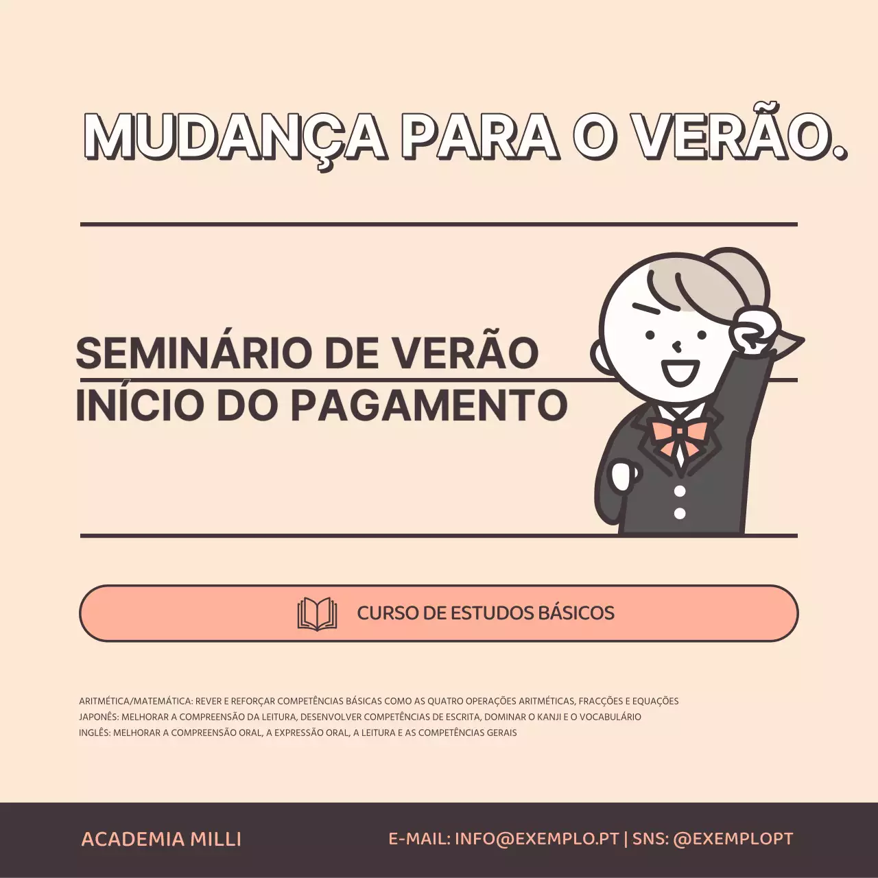 Um esquema de cores simples em bege e laranja para promover as promoções das férias de verão da escola