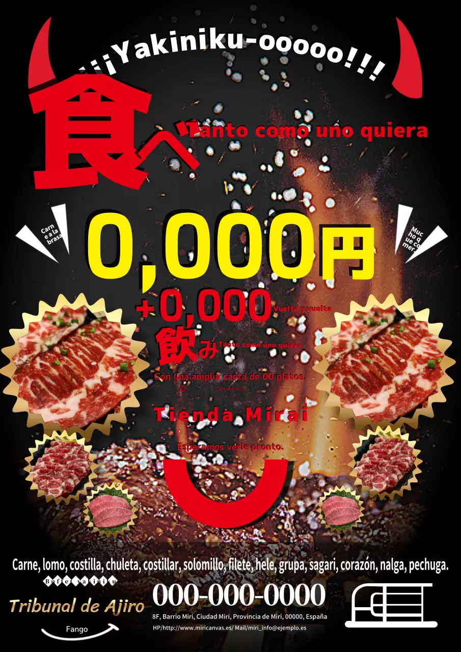 Un sencillo e impactante anuncio de "todo lo que puedas comer" con una ilustración de un diablo en rojo y negro.