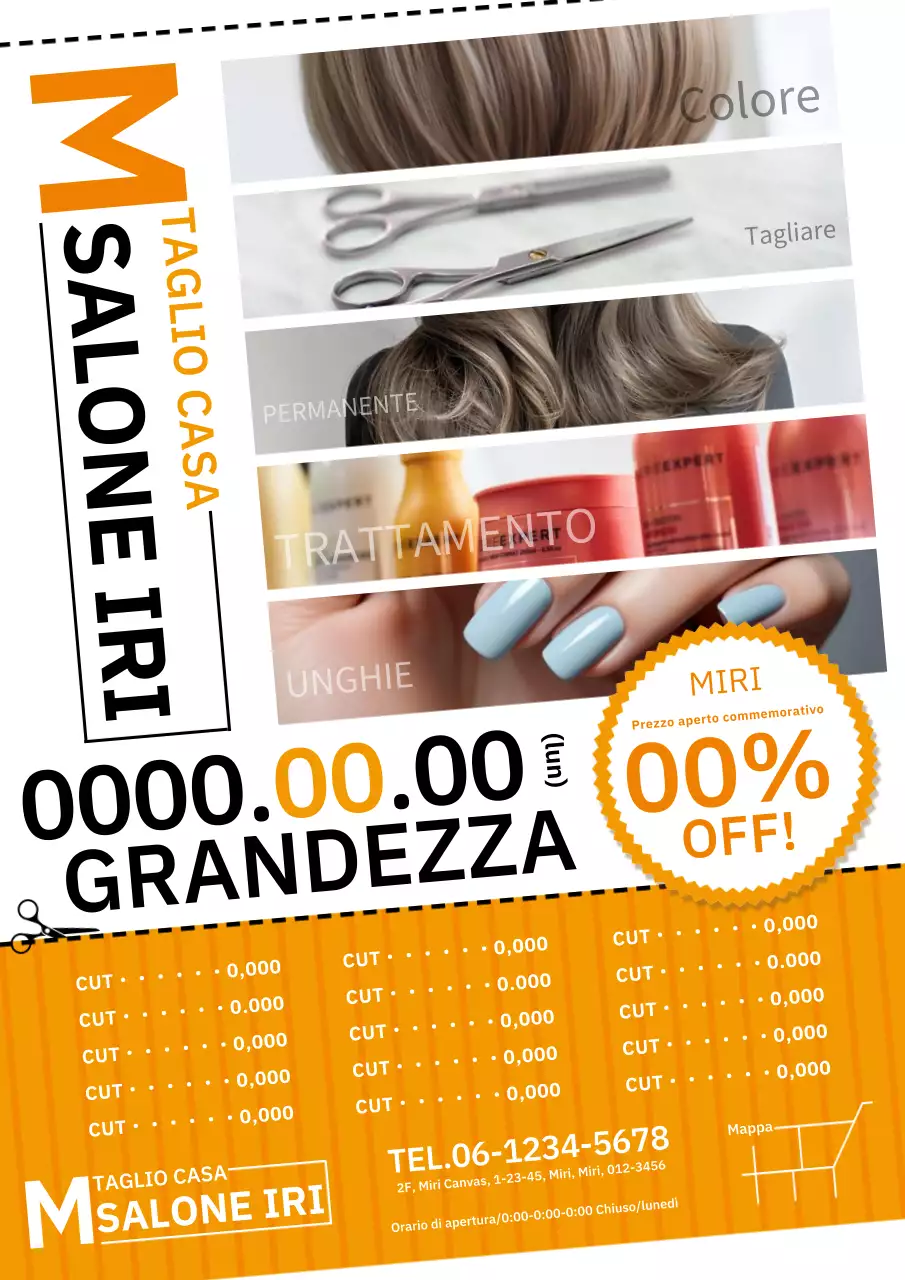 Pubblicità geometrica moderna di un salone di bellezza in arancione e bianco