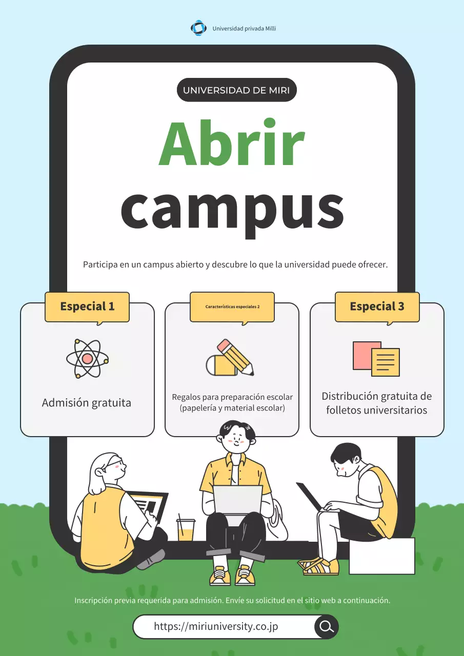 Moderno anuncio de campus universitario abierto en azul claro y verde