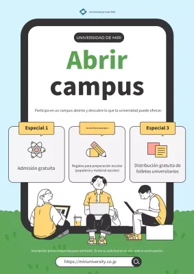 Moderno anuncio de campus universitario abierto en azul claro y verde