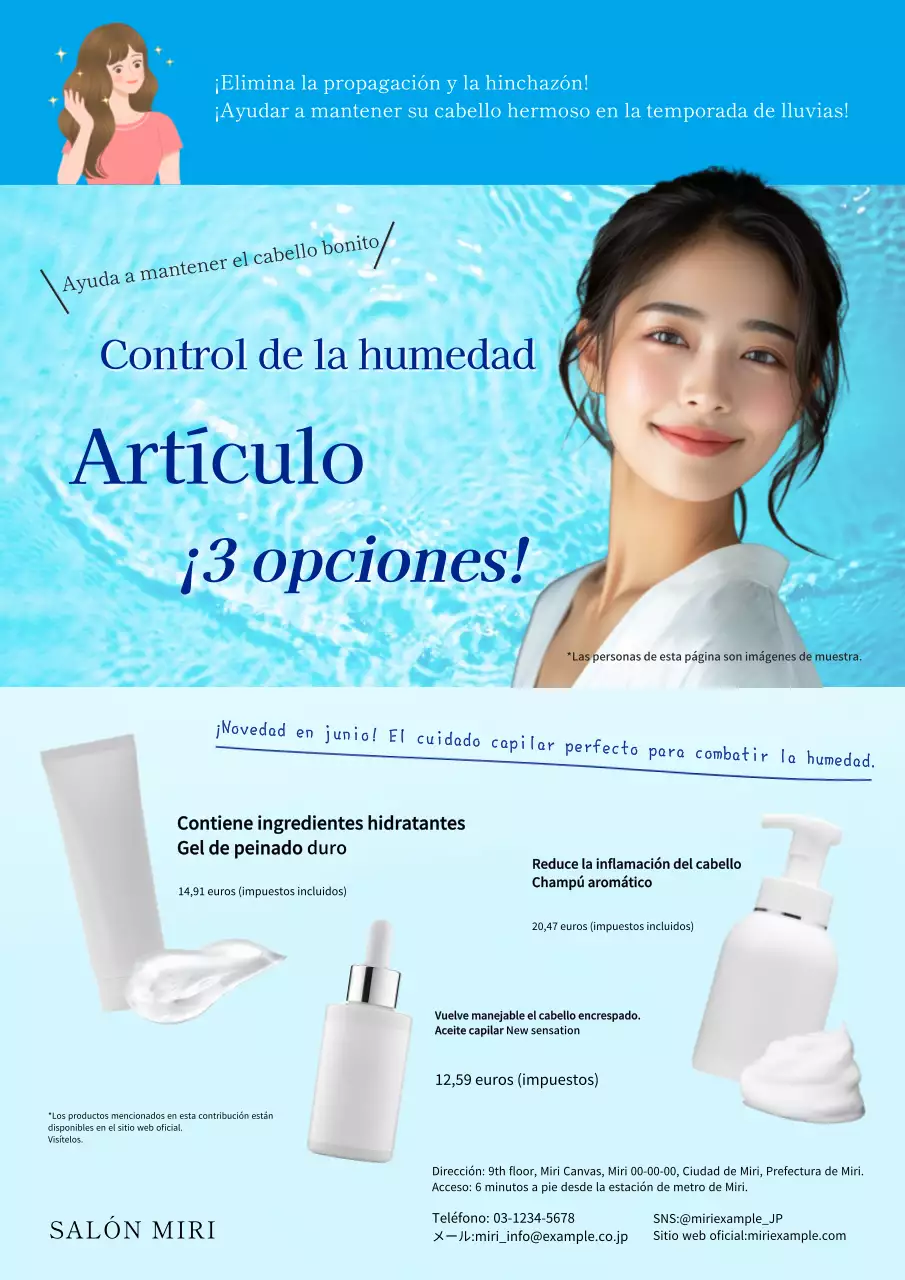 Moderno folleto para el cuidado del cabello en la estación lluviosa en blanco y azul