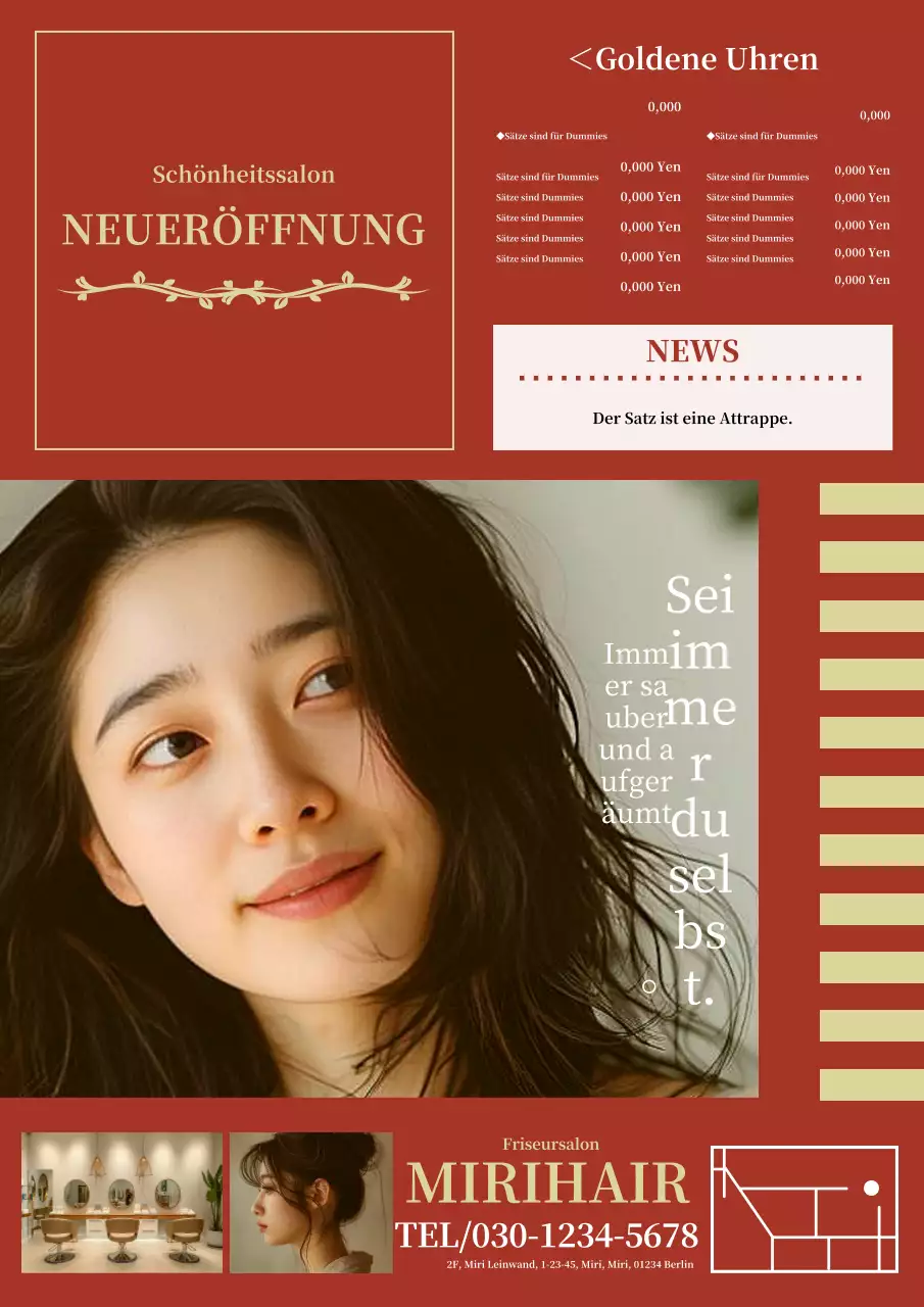 Klassische und luxuriöse Friseurwerbung in roten und goldenen Farben