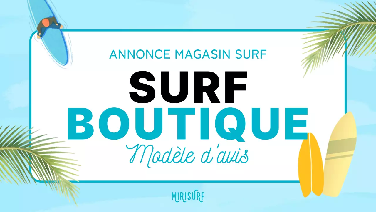Annonce pour le placement d'un magasin de surf à l'ambiance tropicale dans les tons menthe et bleu