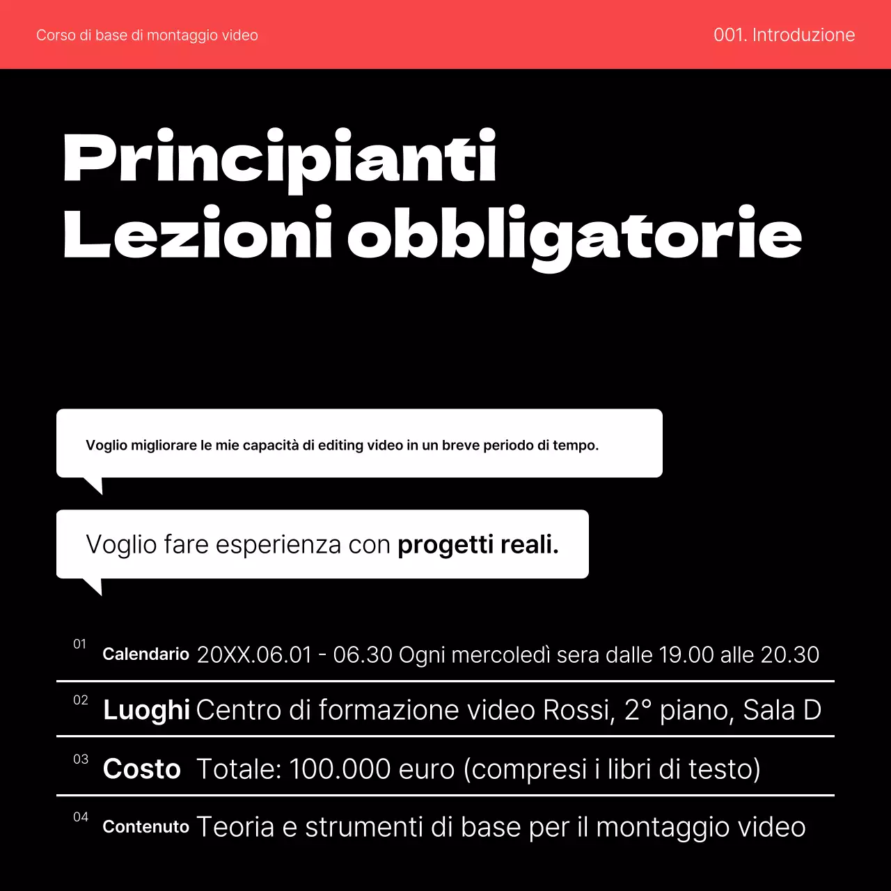 Promuovete un semplice corso di auto-miglioramento di video editing in rosso e nero.