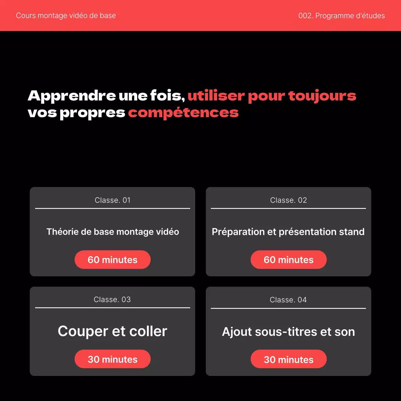Promouvoir un cours simple d'auto-amélioration du montage vidéo en rouge et noir