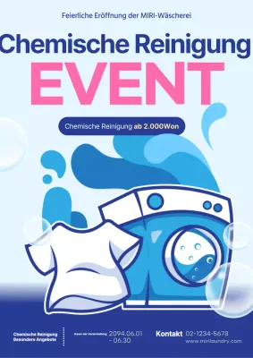 Werbung für Preisnachlässe bei der chemischen Reinigung in einem einfachen Farbschema aus Rosa und Hellblau
