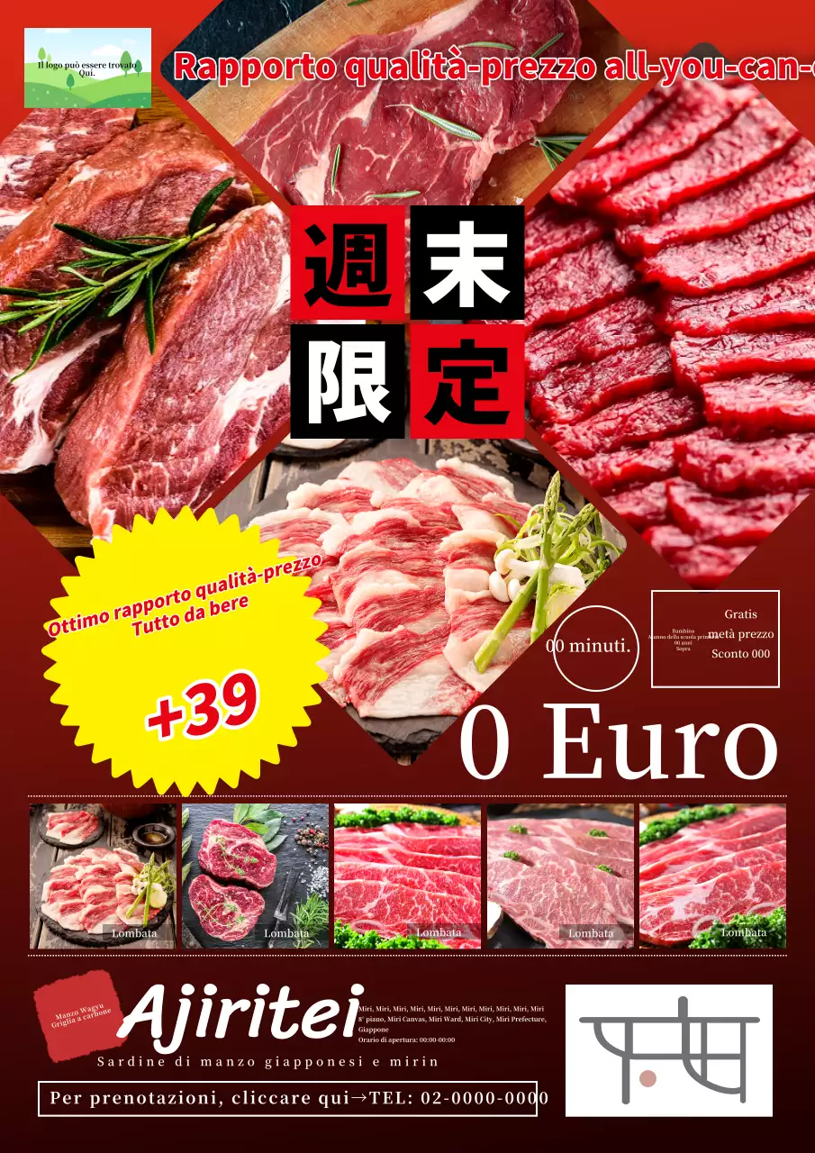 Prezzo semplice del macellaio e annuncio "all-you-can-eat" in rosso