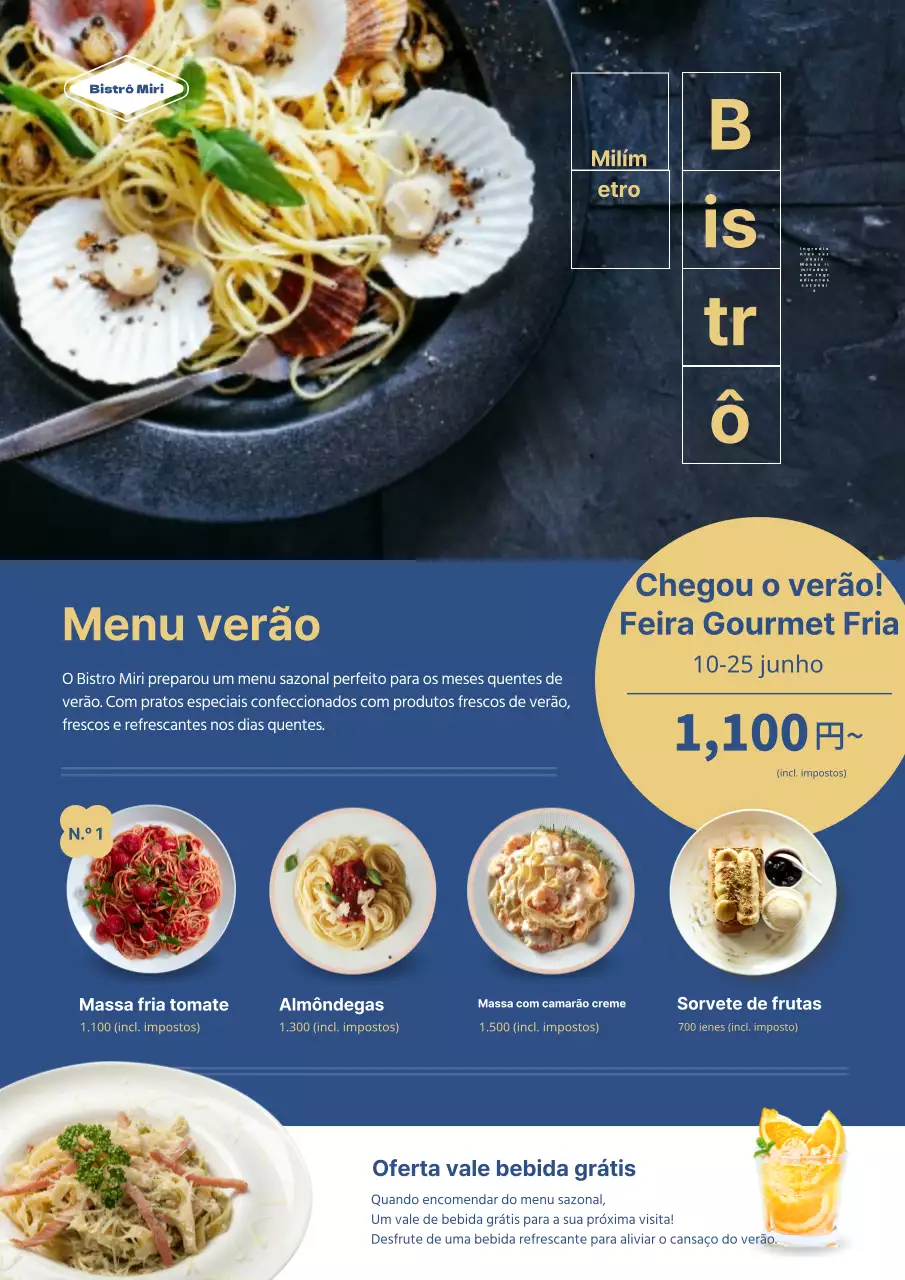 Promover os novos menus sazonais de verão em azul e amarelo luxuosos