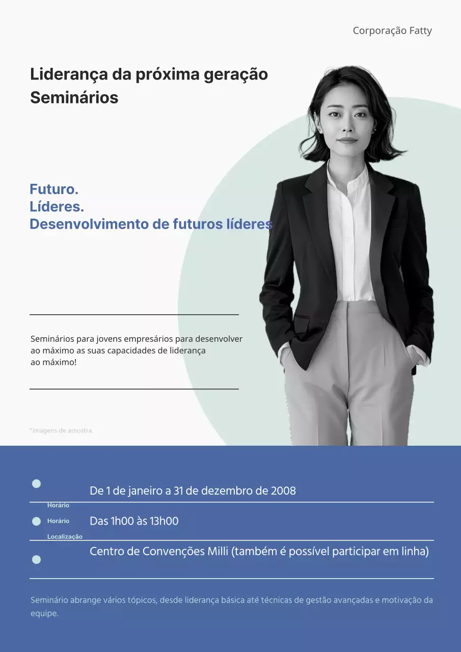 Folheto de seminário de liderança inteligente branco e azul.