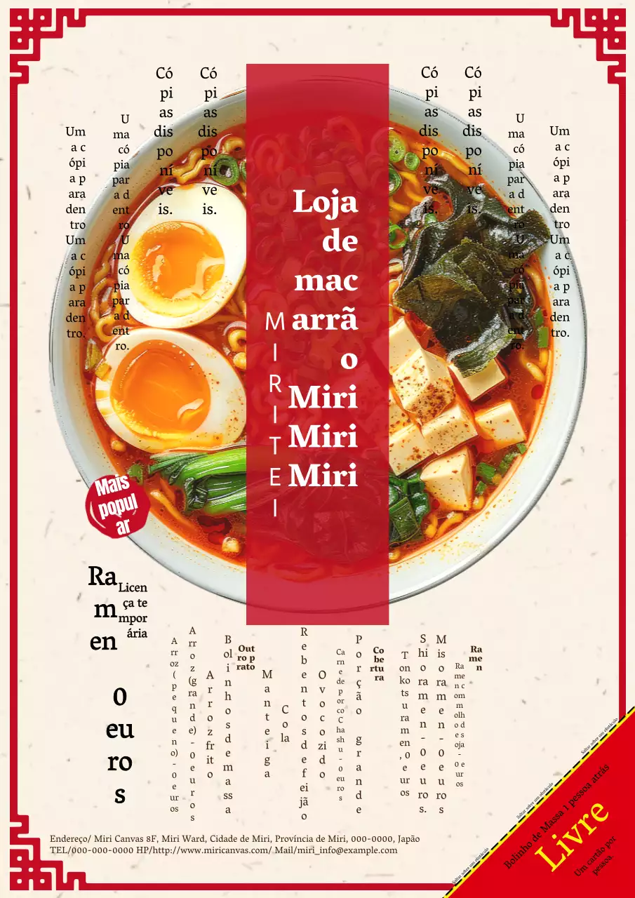 Um anúncio ao menu popular de uma loja de massas tradicional e simples, em bege e vermelho.