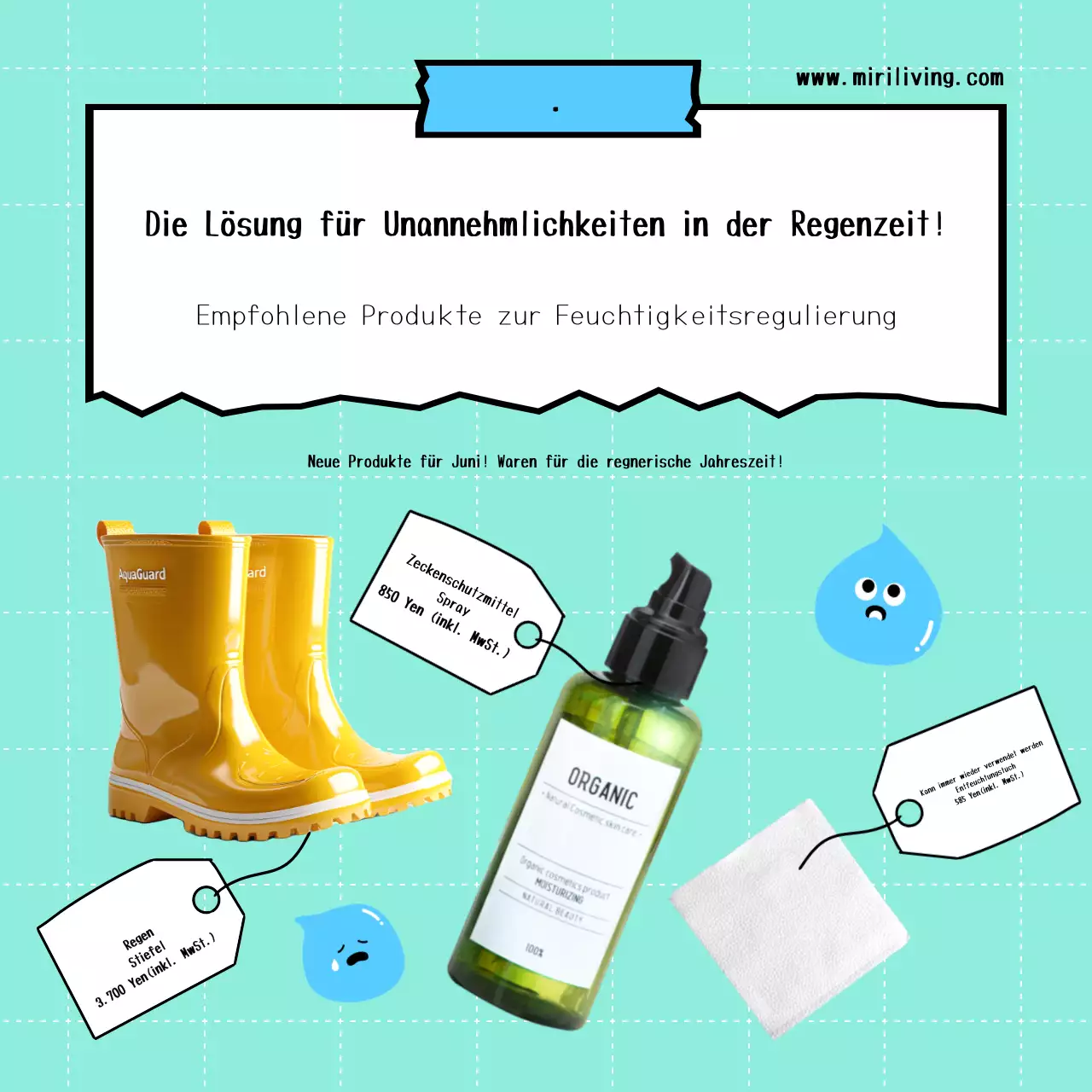 Werbung für Artikel, die für die Regenzeit empfohlen werden, in schönem Himmelblau.