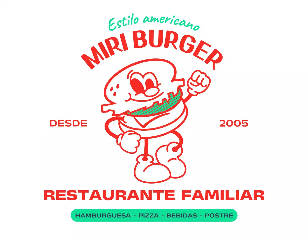 Logotipo con un personaje de hamburguesa al estilo americano