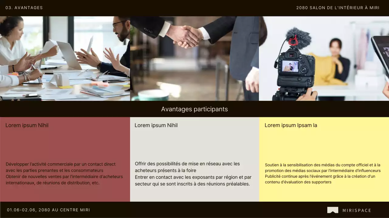 Promouvoir l'appel à participation des entreprises au salon de l'intérieur moderne brun et bleu