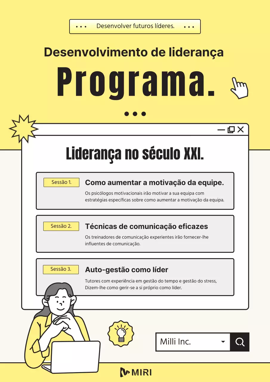 PR para um seminário de liderança amarelo e branco.