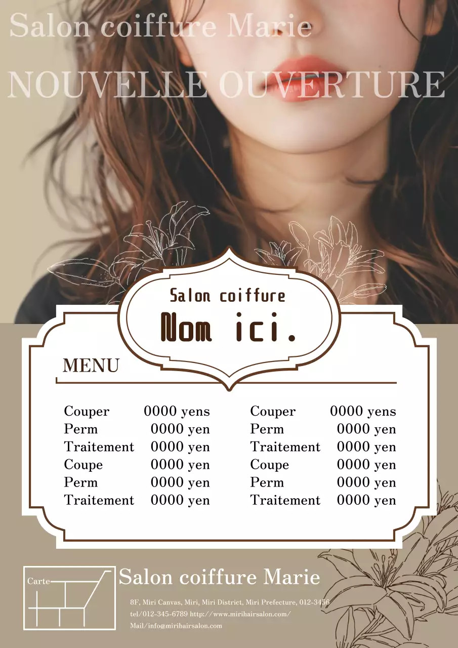 Une publicité pour un salon de coiffure moderne et élégant dans des couleurs marron et ivoire.