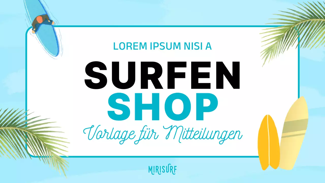 Ankündigung für die Einrichtung eines Surfshops mit tropischem Flair in Mint und Blau