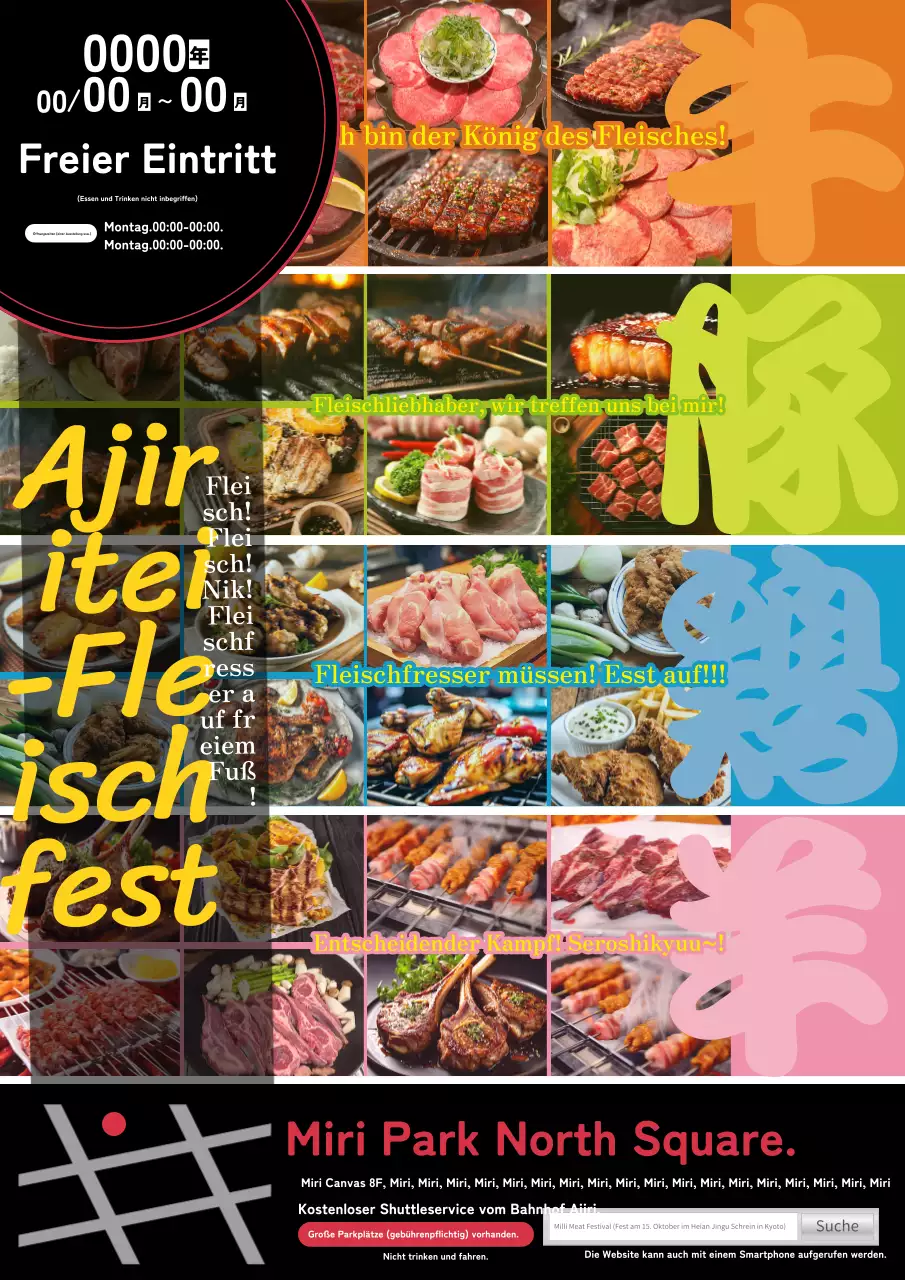 Schwarze und bunte Werbung für das Fleischfest der Metzgerei
