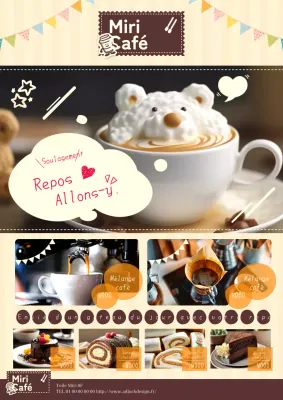 Une publicité pour un café avec une jolie photo beige et marron d'un Kuma Latte.