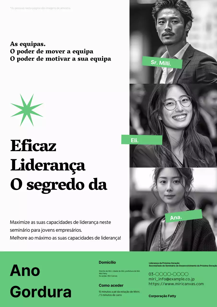 Um anúncio moderno em verde e preto para um seminário sobre a promoção da próxima geração de líderes.