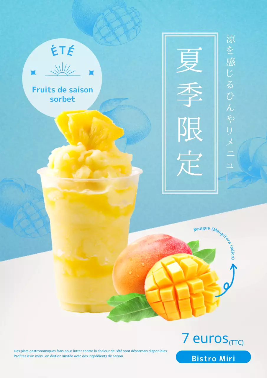 Publicité pour un nouveau menu mettant en valeur les produits de saison de l'été et agrémenté d'un sorbet aux fruits jaune et bleu clair.