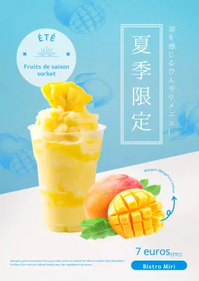 Publicité pour un nouveau menu mettant en valeur les produits de saison de l'été et agrémenté d'un sorbet aux fruits jaune et bleu clair.