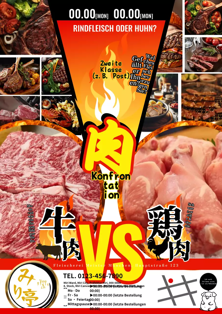 Eine rote, cartoonhaft enthusiastische Metzgereiwerbung