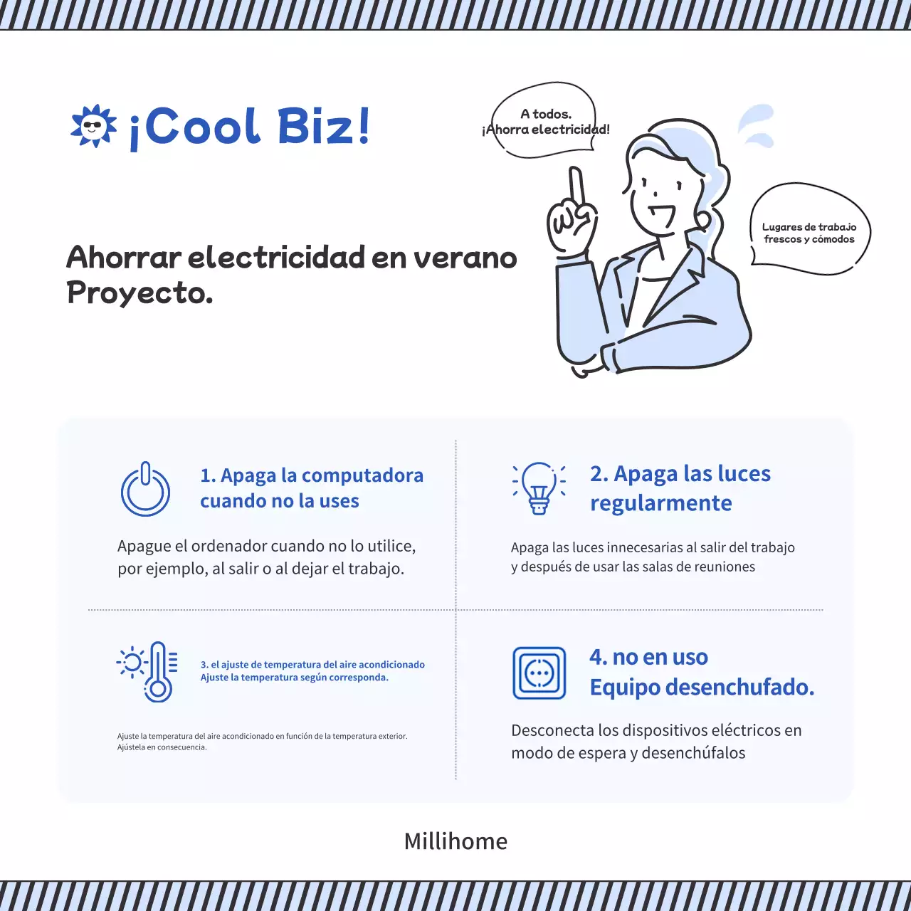 Escritura colaborativa sencilla en blanco y azul para ahorrar energía