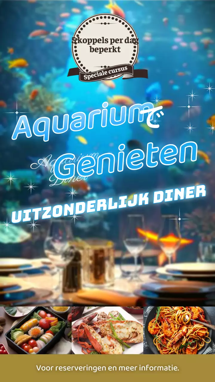 Bericht om klanten te trekken voor een diner in een modieus aquarium in lichtblauw en goud.