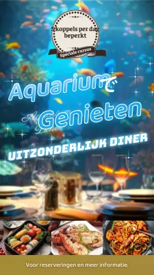 Bericht om klanten te trekken voor een diner in een modieus aquarium in lichtblauw en goud.
