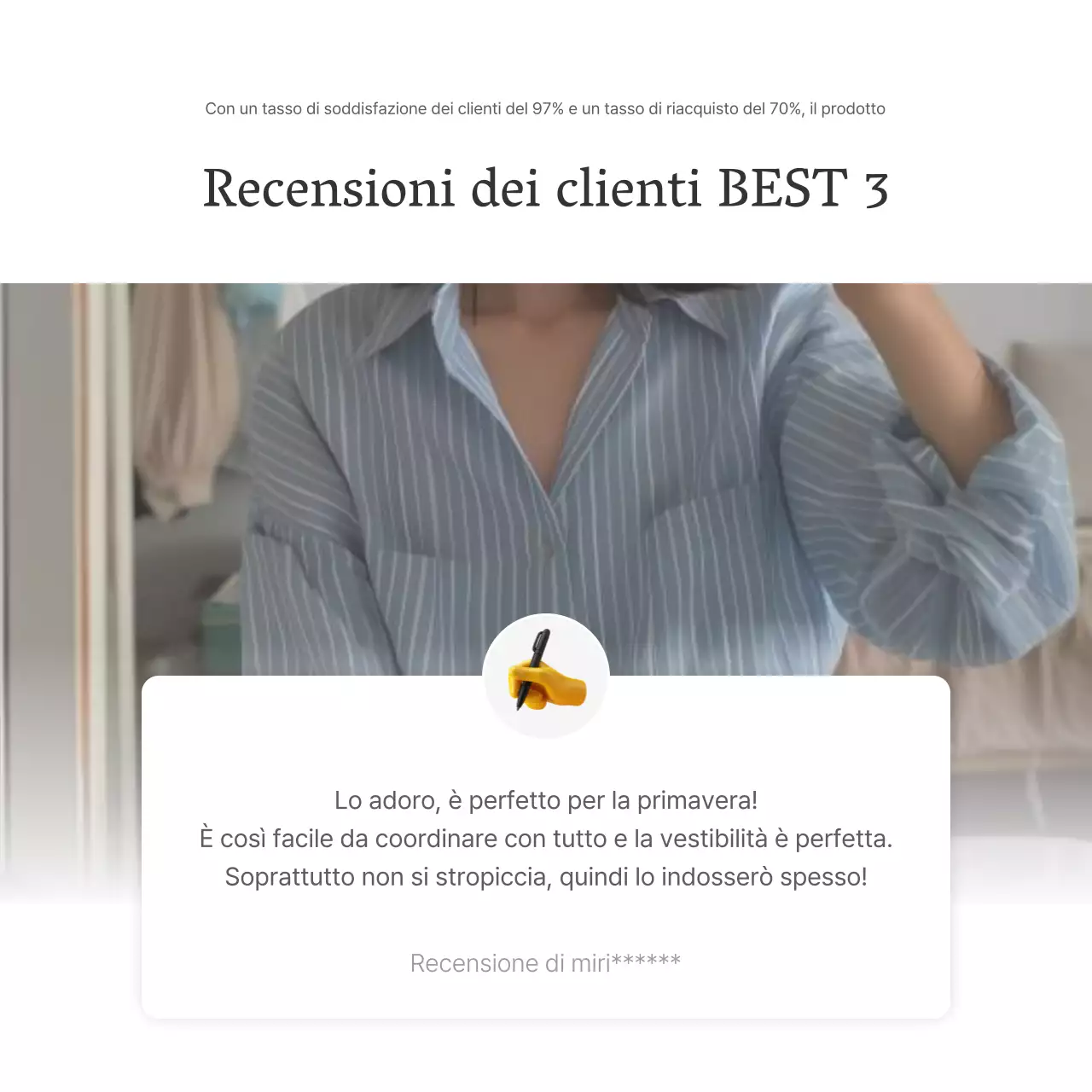Una recensione o una pubblicità per un negozio di moda con un semplice stile emoji bianco e grigio.