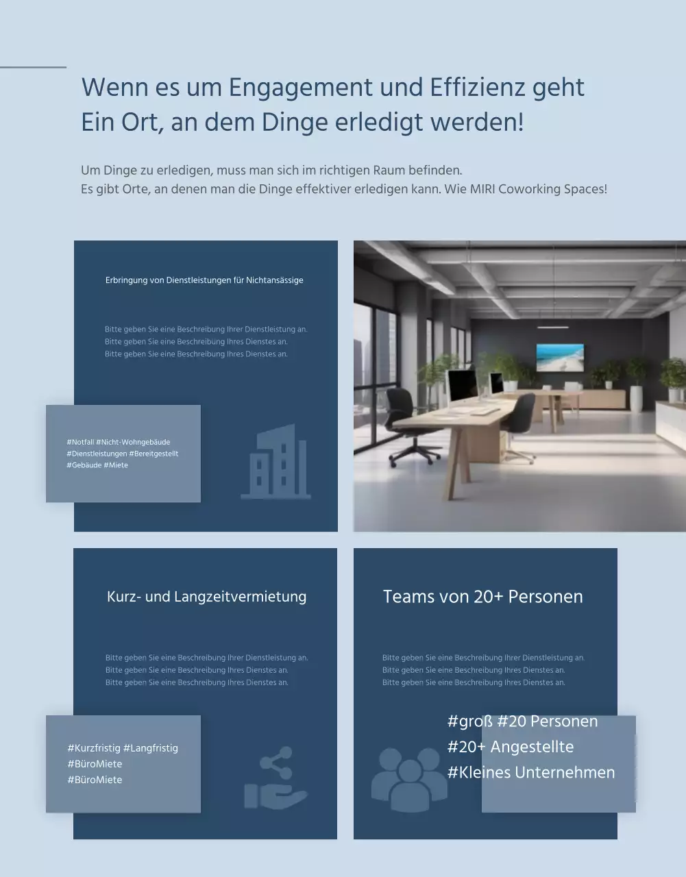 Werbung für einen blau-weißen Coworking Space