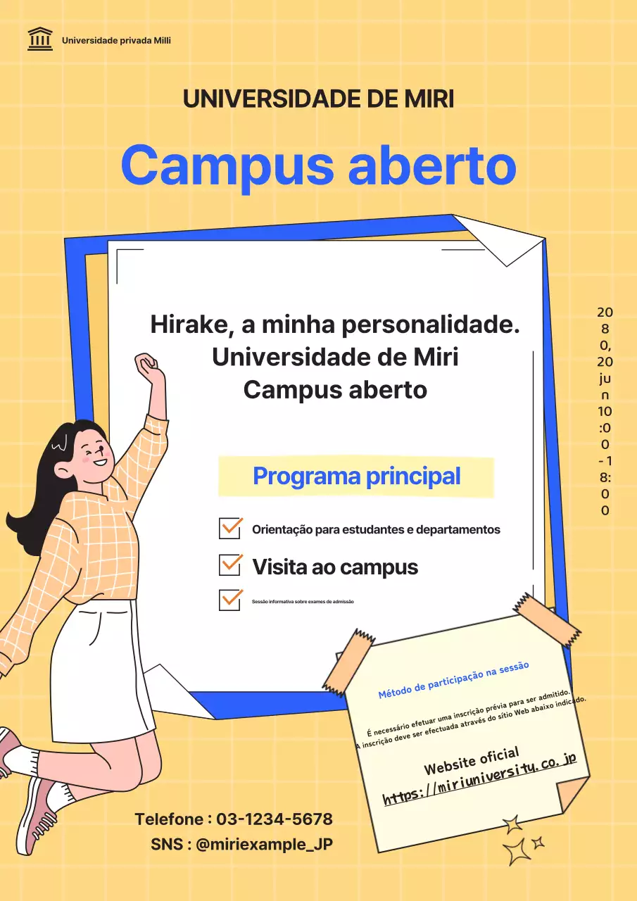 Promover o acolhimento de um campus universitário aberto em amarelo e azul retro