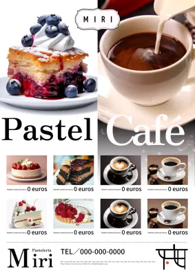 Anuncio de cafetería de pasteles blancos sencillos y café.