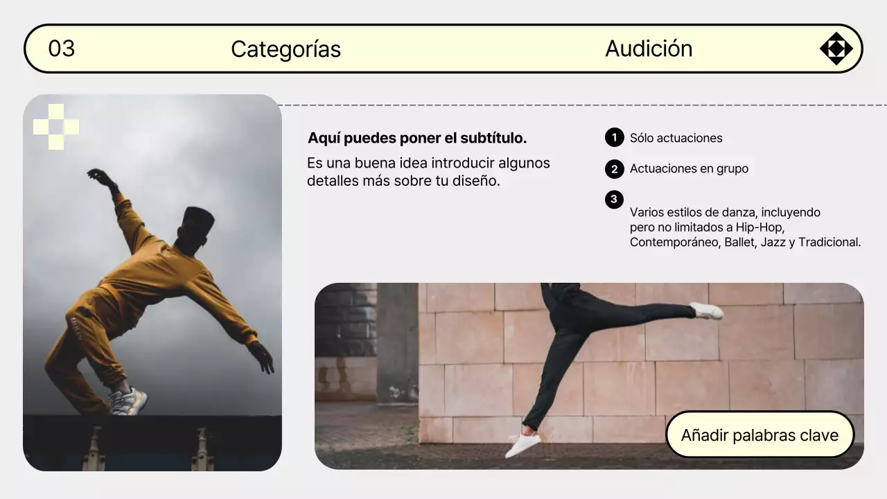 Promociona tu audición de baile con la moderna combinación de colores gris y amarillo