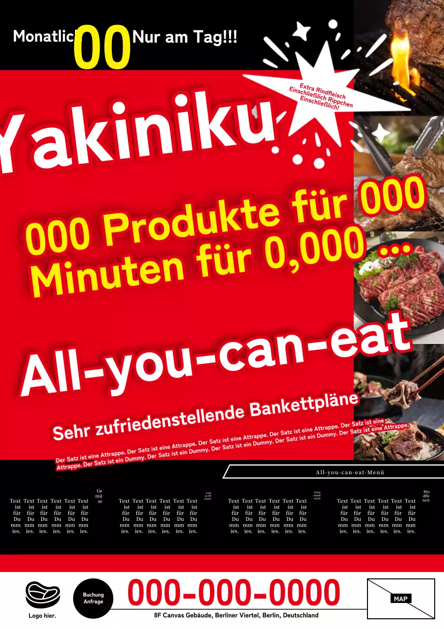 Rot-schwarze Don-Quijote-Werbung für ein All-you-can-eat-Bankett mit gegrilltem Fleisch.
