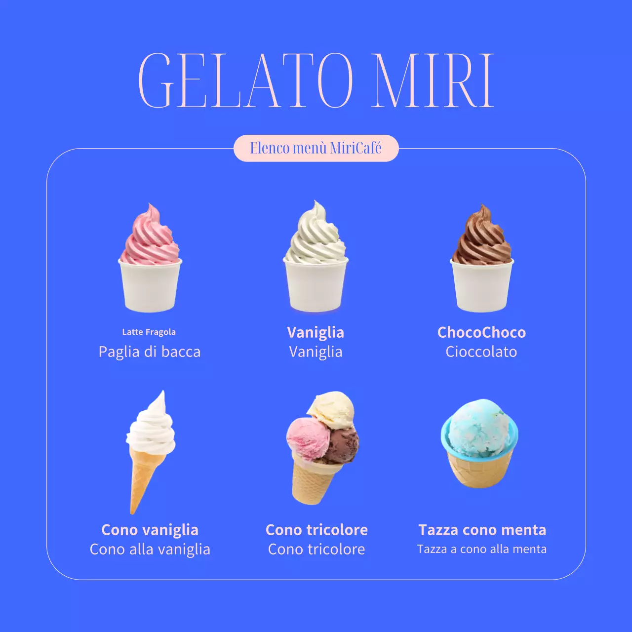Una semplice pubblicità di lancio di un menu estivo di dessert in blu e rosa