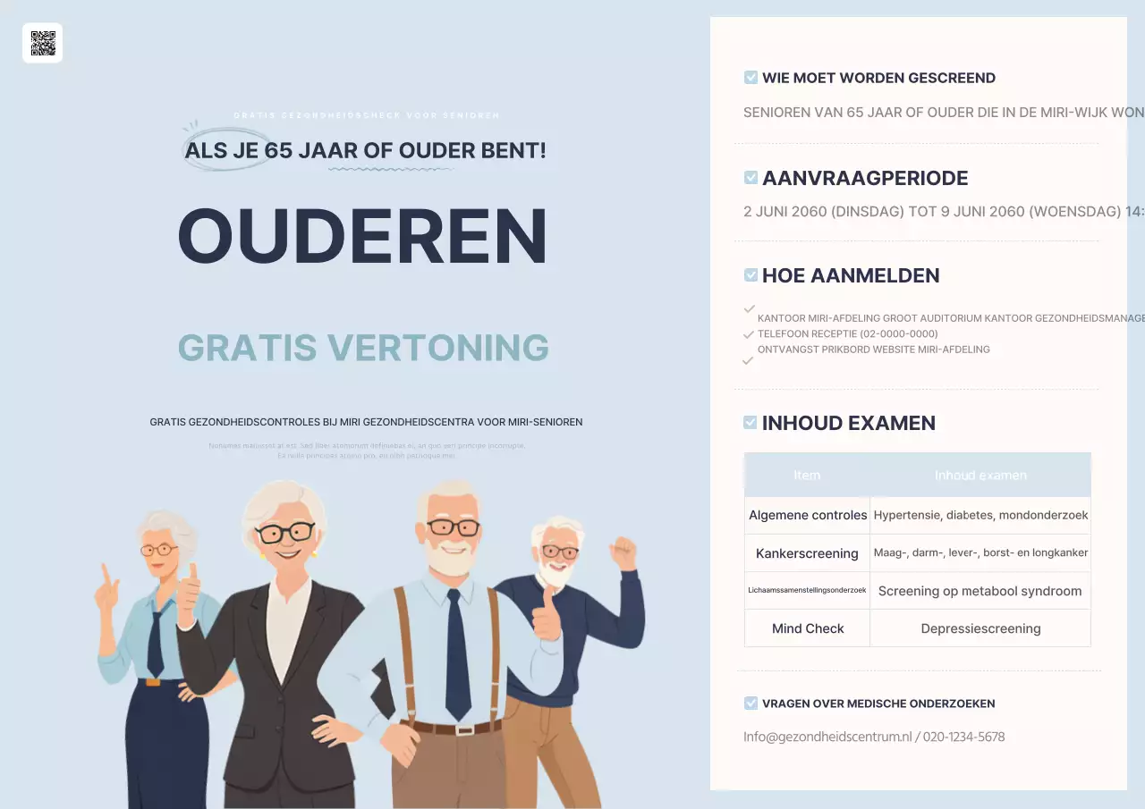 Informatie over gratis gezondheidscontroles voor ouderen in eenvoudige lichtblauwe en bruine kleuren