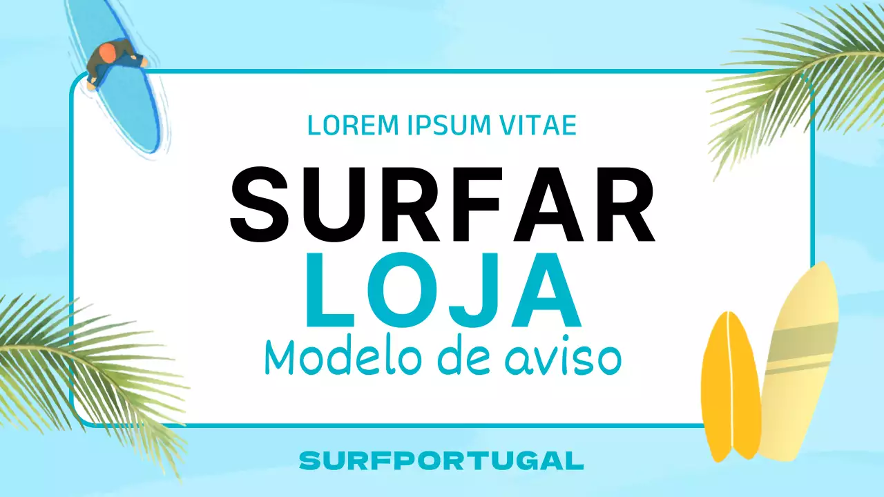 Anúncio para a colocação de uma loja de surf com um toque tropical em menta e azul