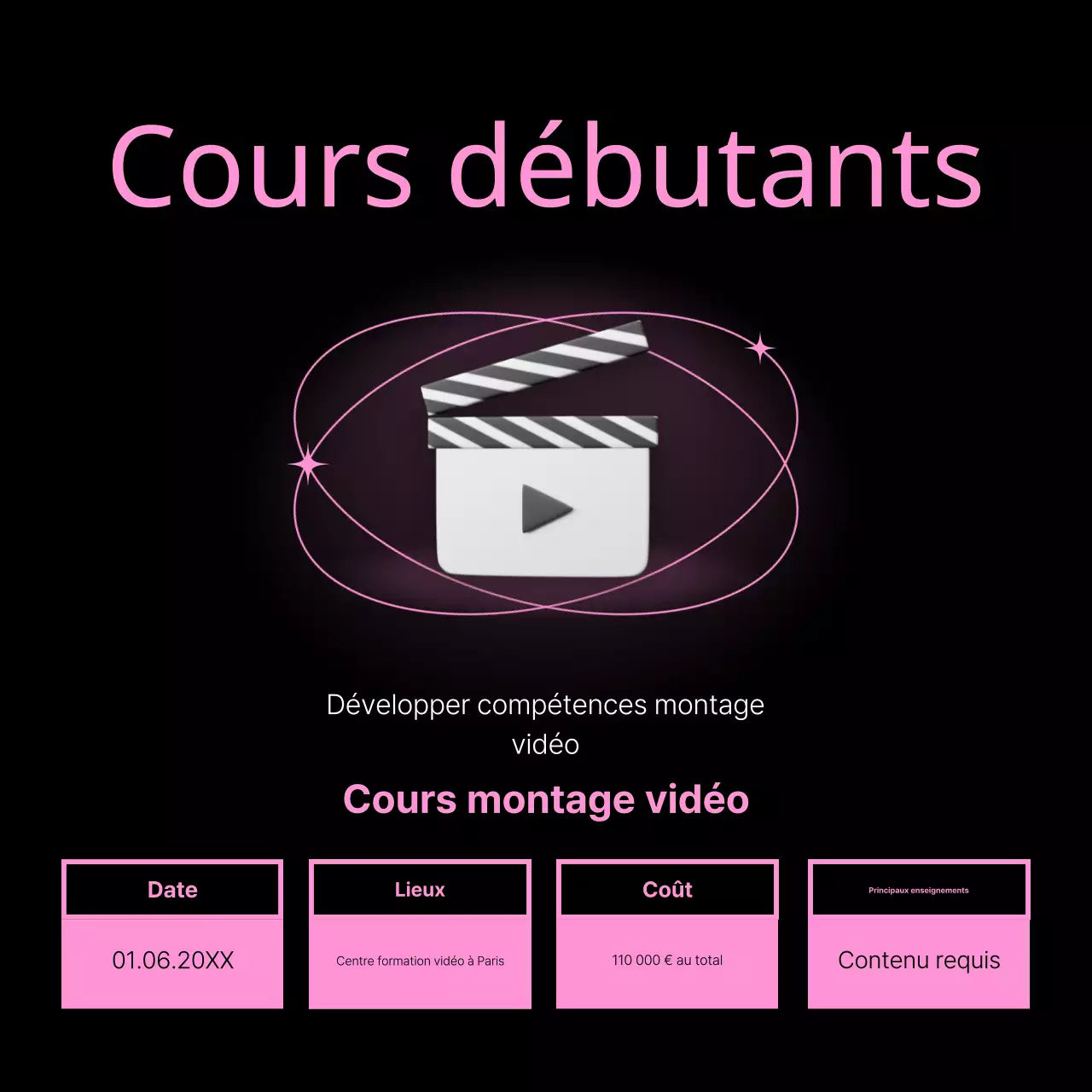 Promouvoir un cours de montage vidéo kitsch en rose et noir