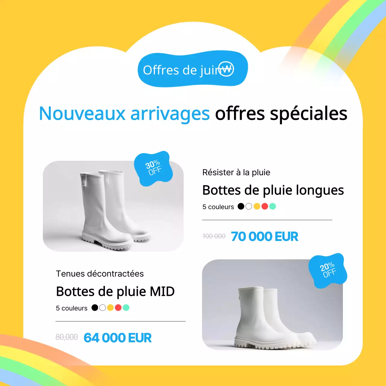 Promouvoir de jolis produits jaunes et bleus pour la saison des pluies