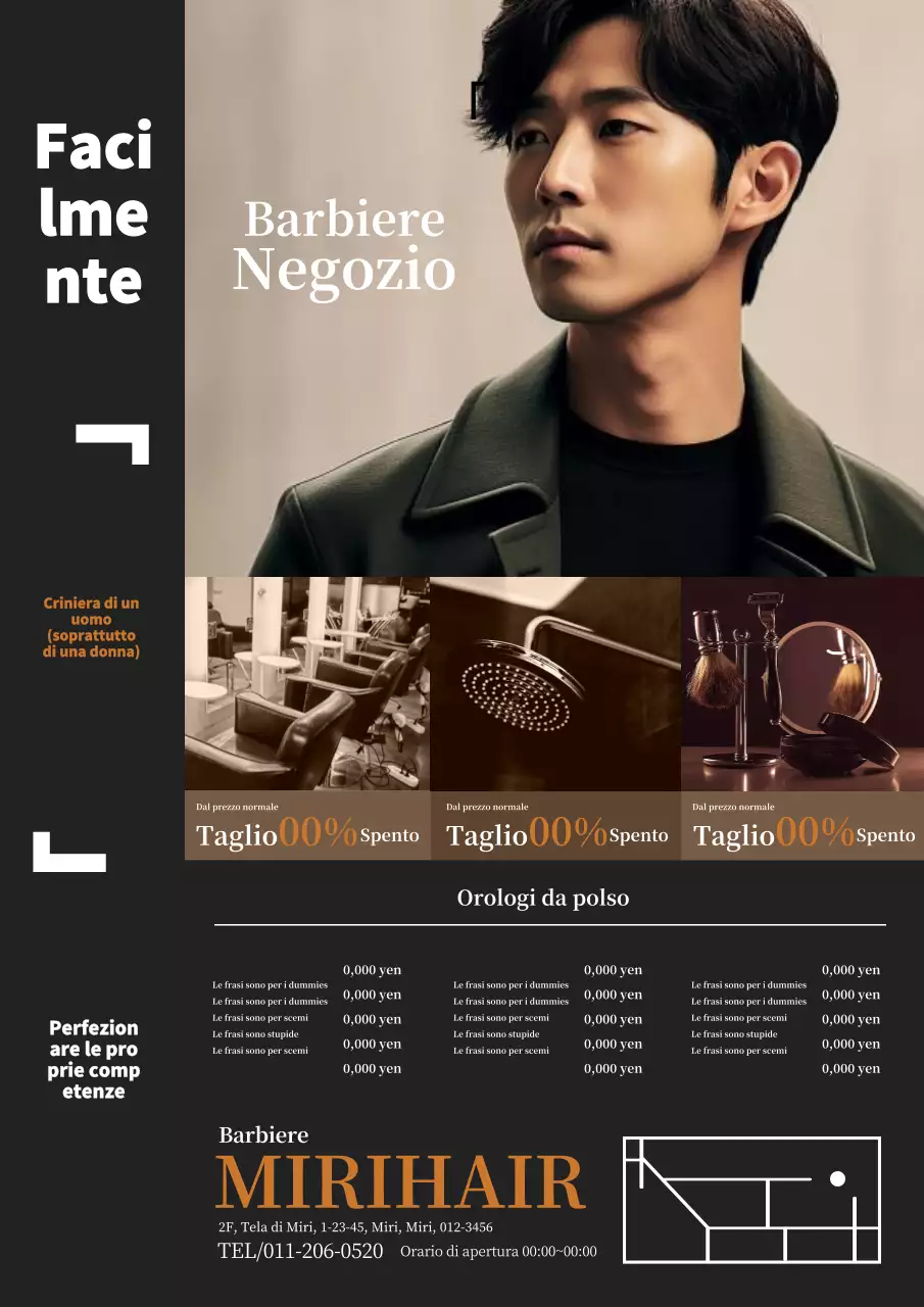 Pubblicità semplice e moderna di un negozio di barbiere per uomo in marrone e nero