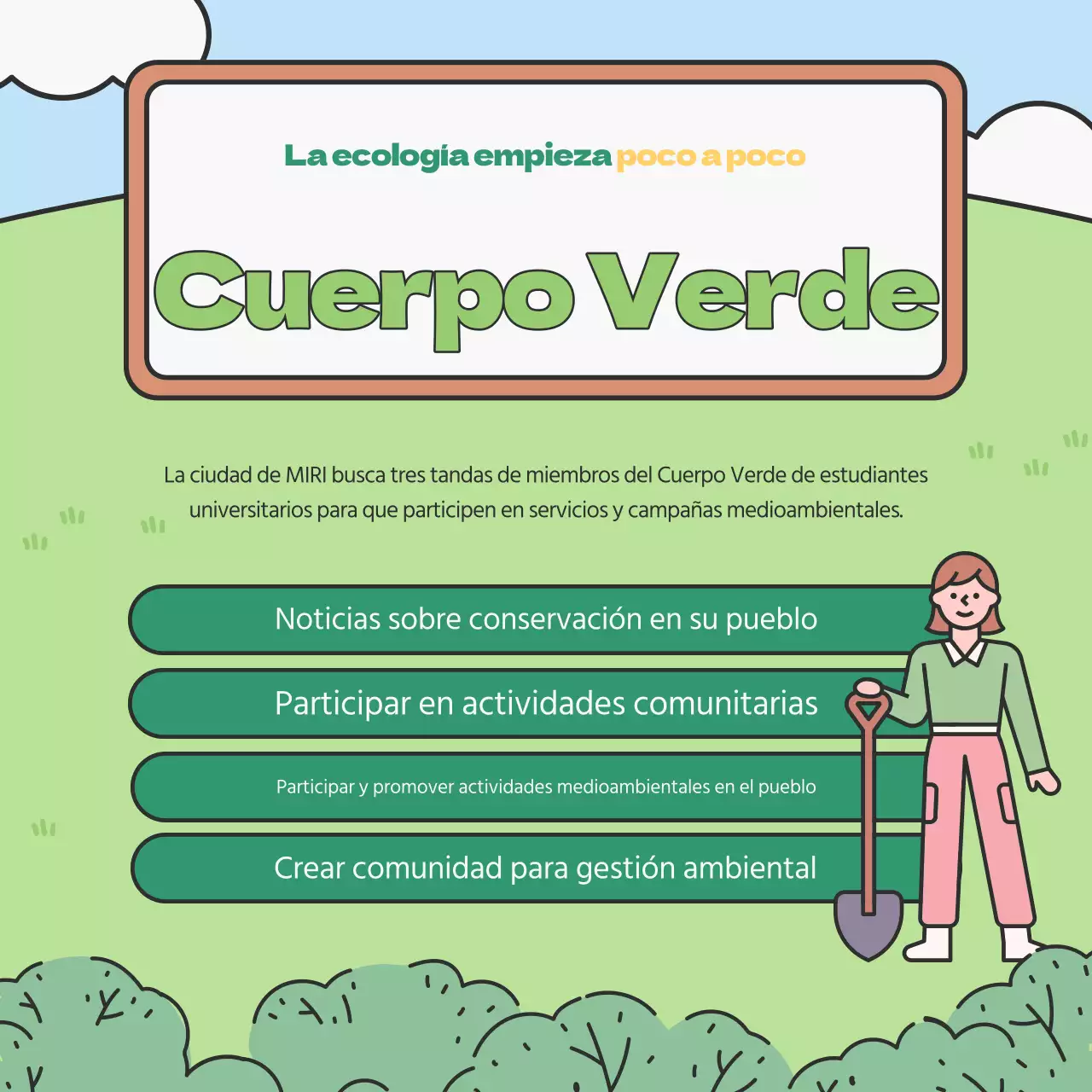 Promover la captación de voluntarios medioambientales universitarios de color verde y chartreuse.