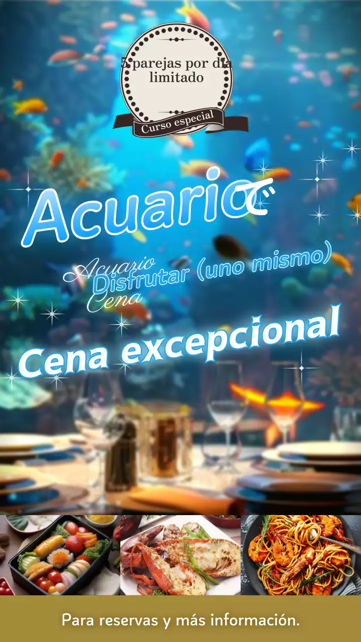 Aviso para atraer clientes a una cena en un acuario de moda en azul claro y dorado.