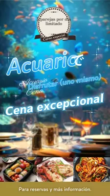 Aviso para atraer clientes a una cena en un acuario de moda en azul claro y dorado.