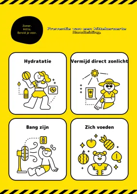 Eenvoudige informatie over hitteberoertepreventie in geel en zwart