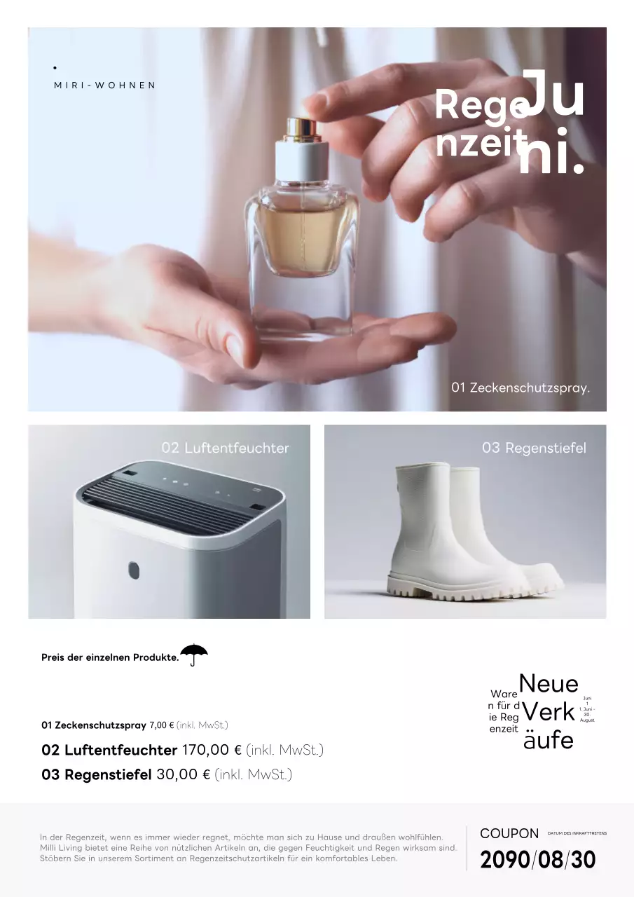 Förderung einfacher grauer und weißer Artikel für die Regenzeit.